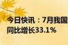 今日快讯：7月我国动力和其他电池合计产量同比增长33.1%